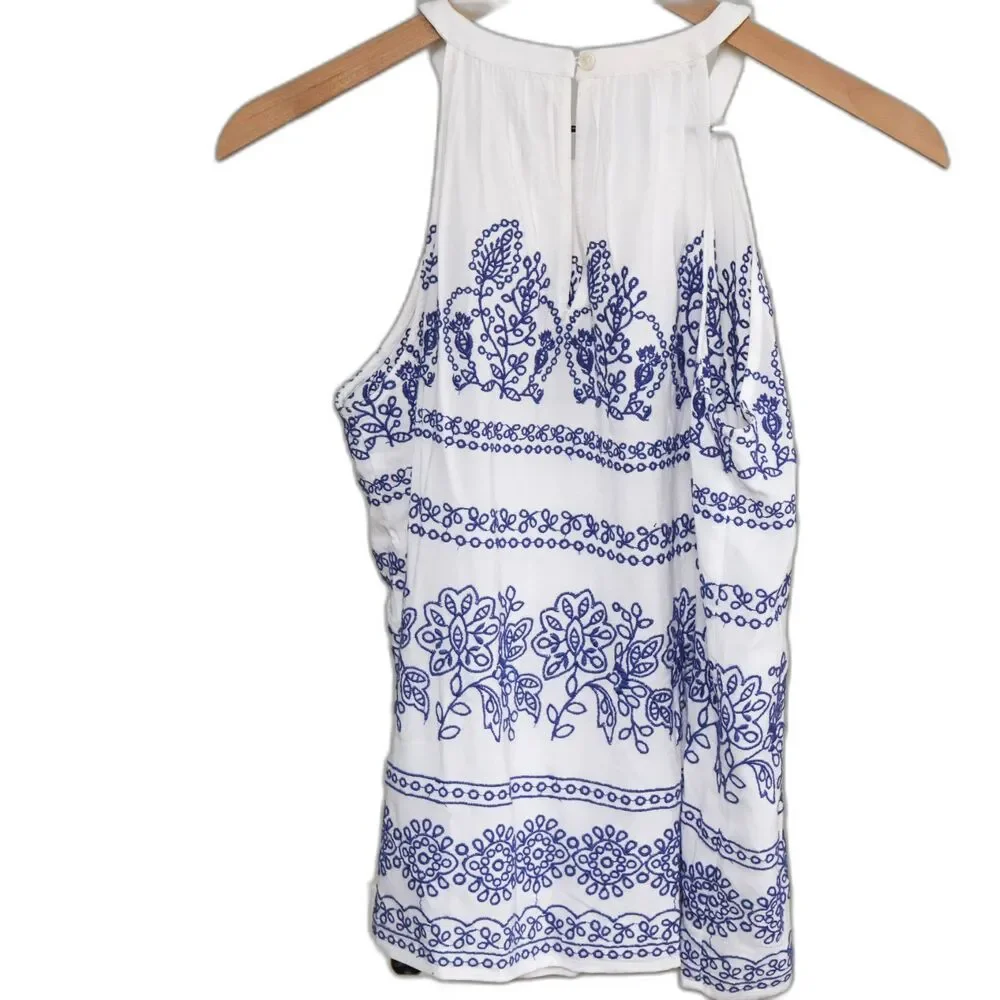 Loft White and Blue Embroidered Halter Top xs - Picture 3 of 6